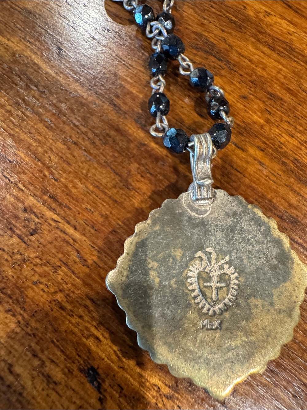Triple-Layer Black Bead Necklace with Gold Medallion Pendant - Picture 3 of 4